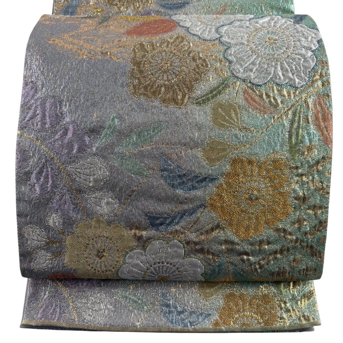 【美品】 袋帯 秀品 振袖向き 桜 藤 金糸 箔 薄緑 六通 正絹 【中古】