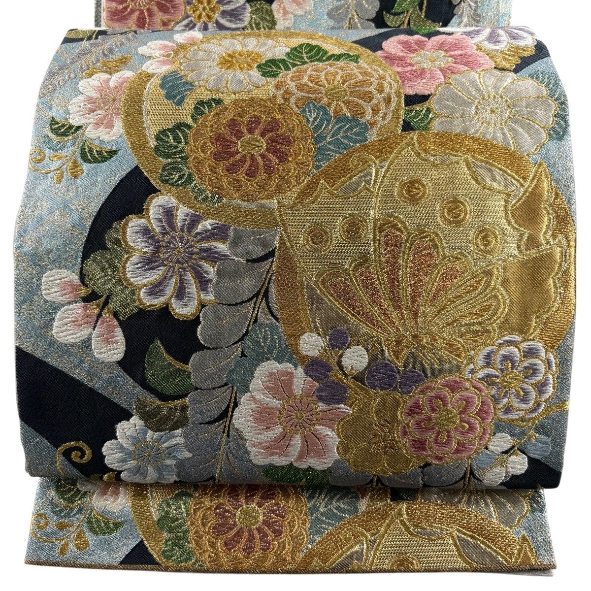 袋帯 秀品 振袖向き 蝶 草花 金銀糸 箔 水色 六通 正絹 【中古