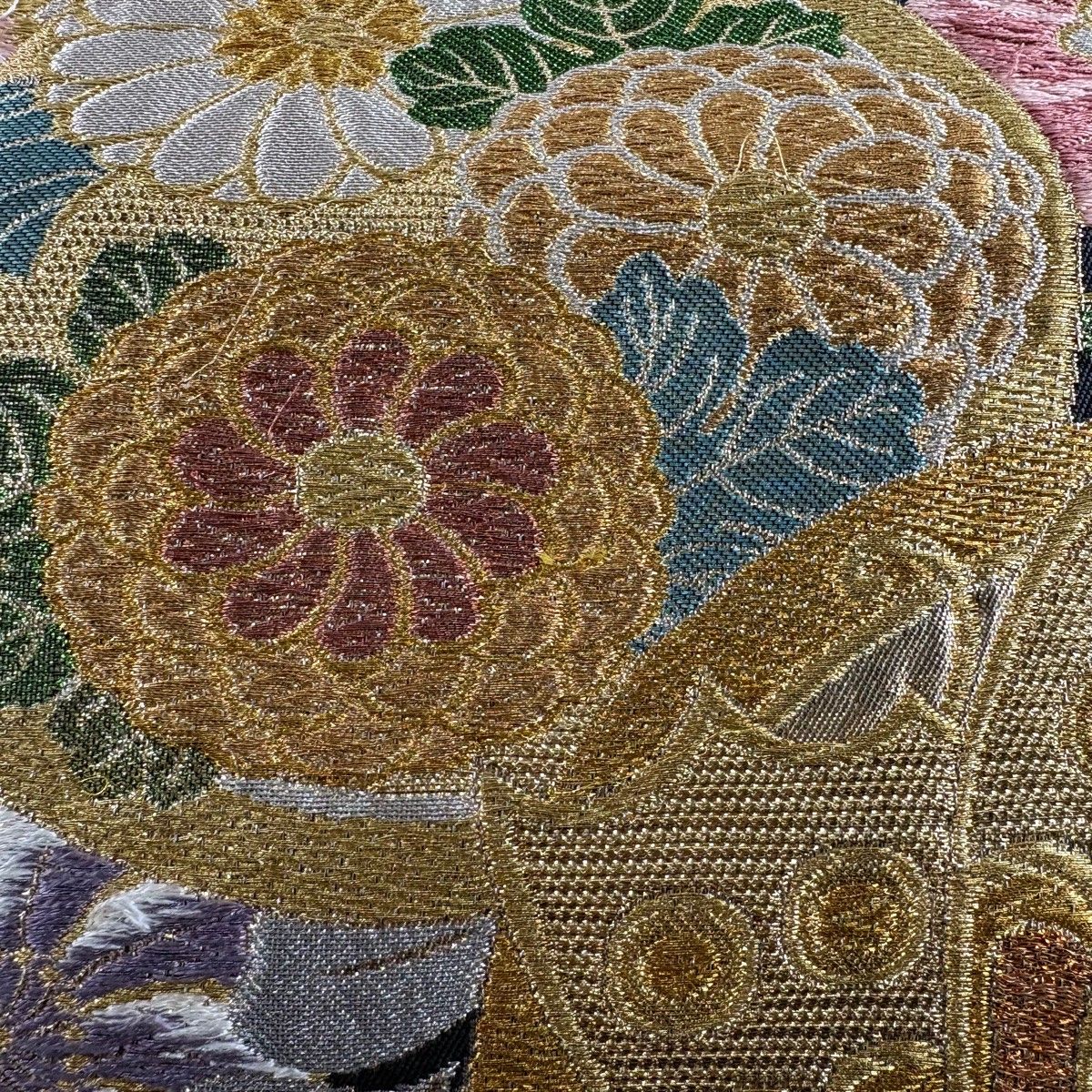 袋帯 秀品 振袖向き 蝶 草花 金銀糸 箔 水色 六通 正絹 【中古
