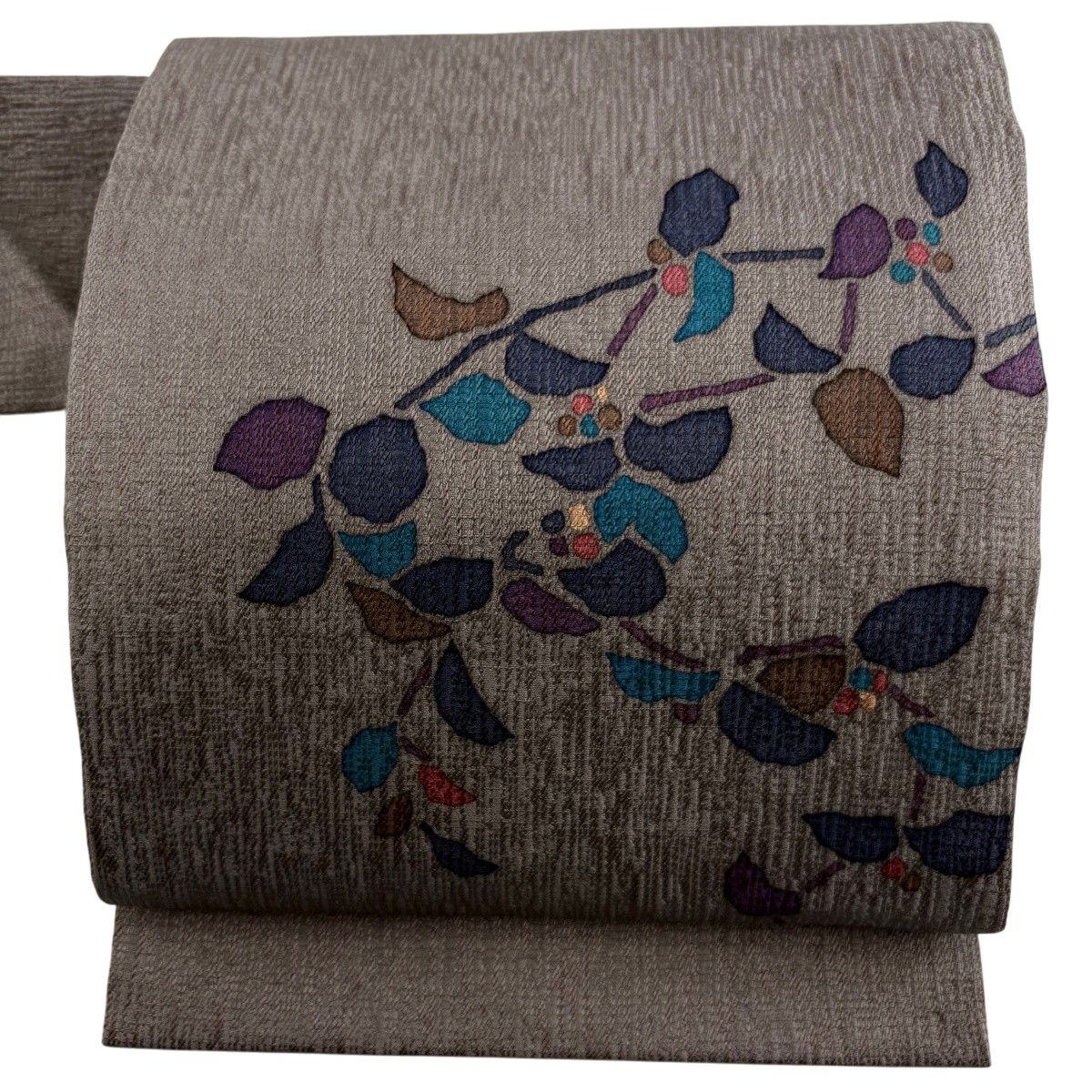 【美品】 名古屋帯 秀品 草花 地紋 灰紫 正絹 【中古】