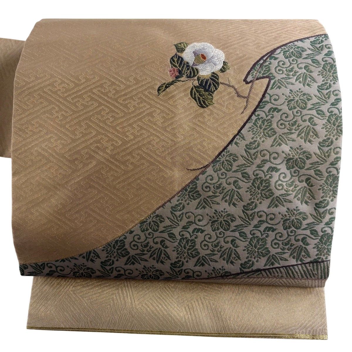 【美品】 名古屋帯 秀品 関西仕立て 椿 紗綾形 箔 金糸 薄茶色 正絹 【中古】