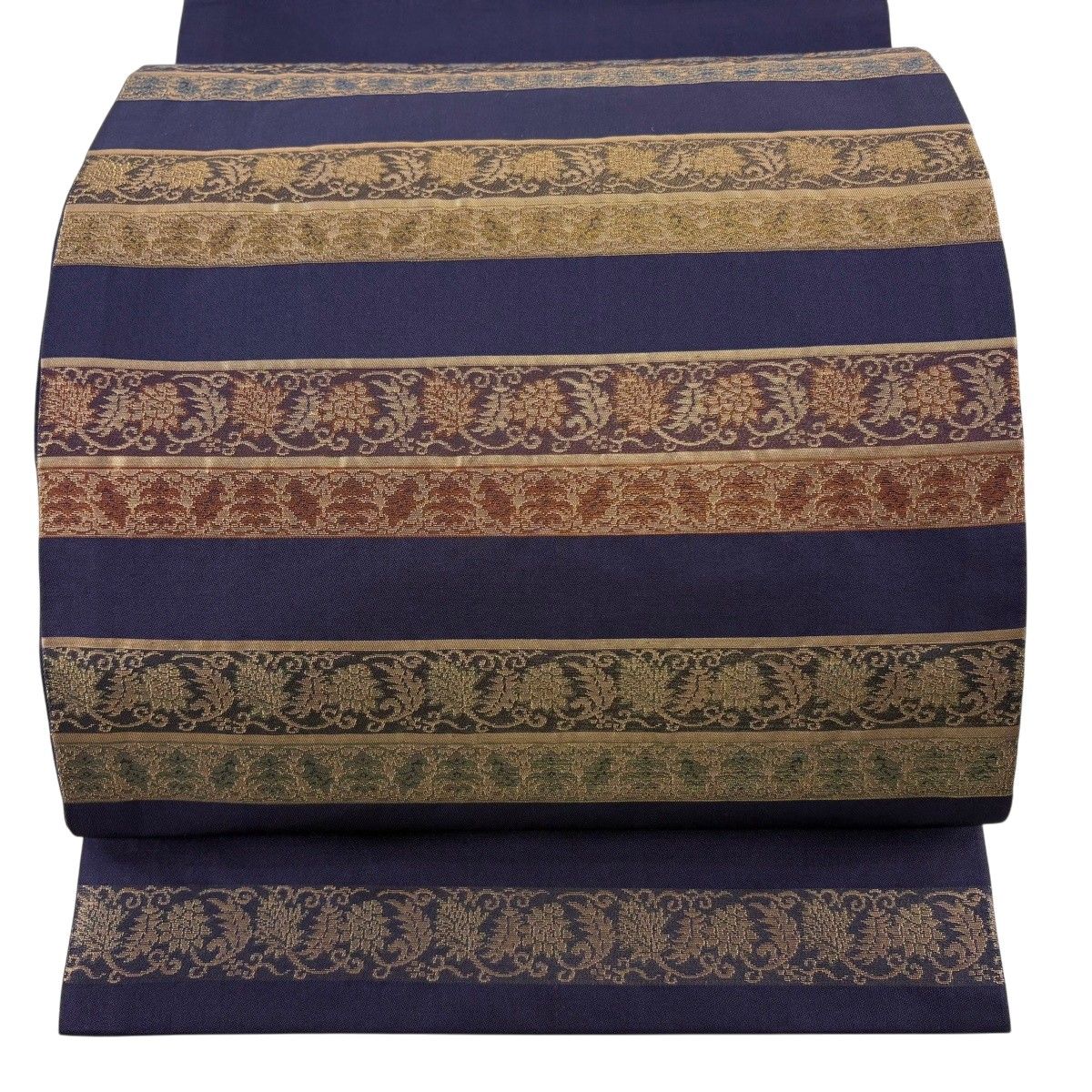 【美品】 袋帯 秀品 嵯峨野間道 花唐草 箔 濃紫 六通 正絹 【中古】