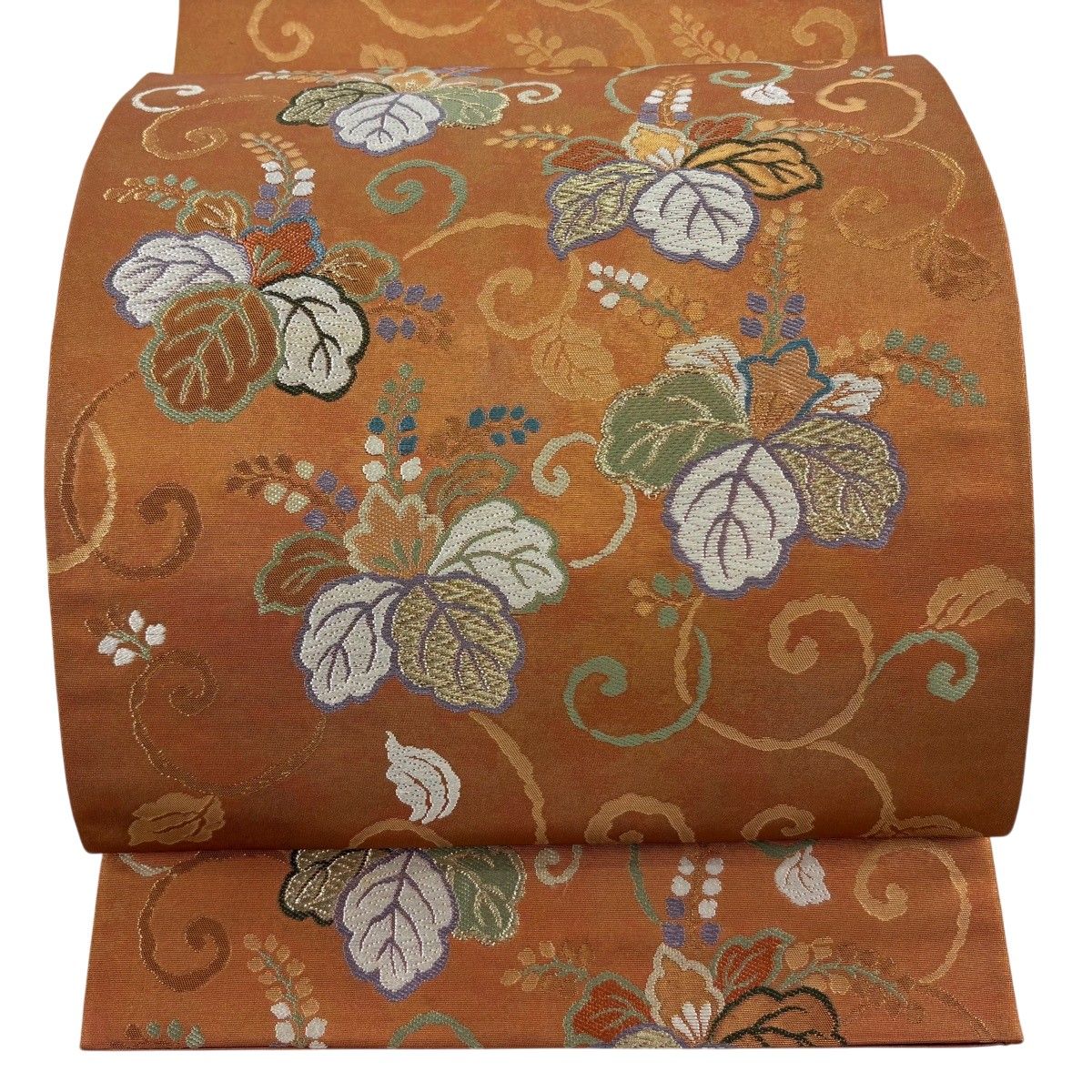【美品】 袋帯 秀品 桐唐草 金糸 箔 オレンジ 六通 正絹 【中古】