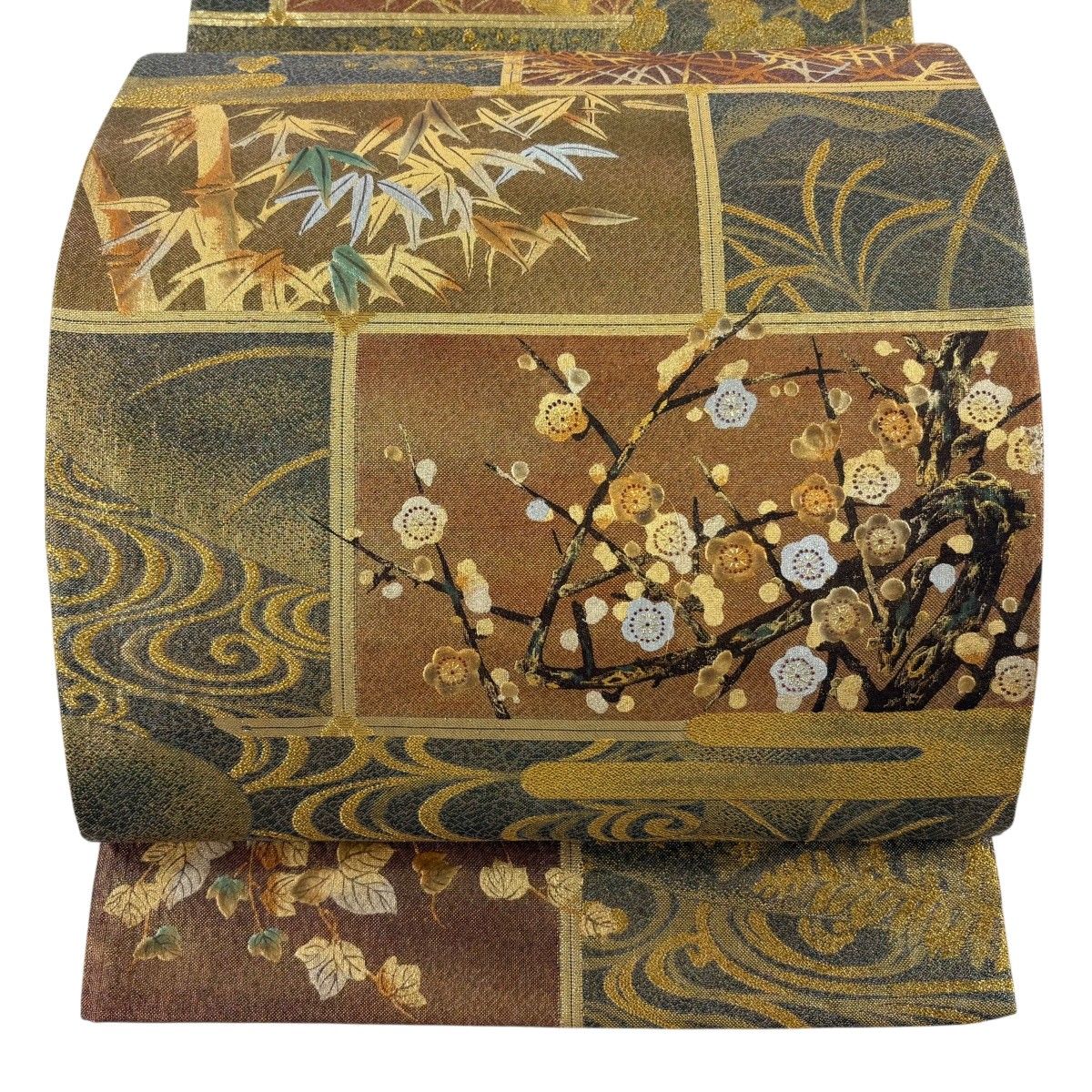 【美品】 袋帯 秀品 松竹梅 鶴 金糸 箔 金色 全通 正絹 【中古】