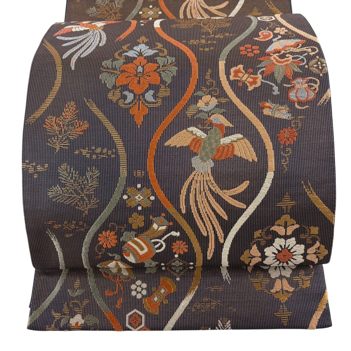【美品】 袋帯 秀品 宝尽くし 花鳥 箔 焦茶色 六通 正絹 【中古】