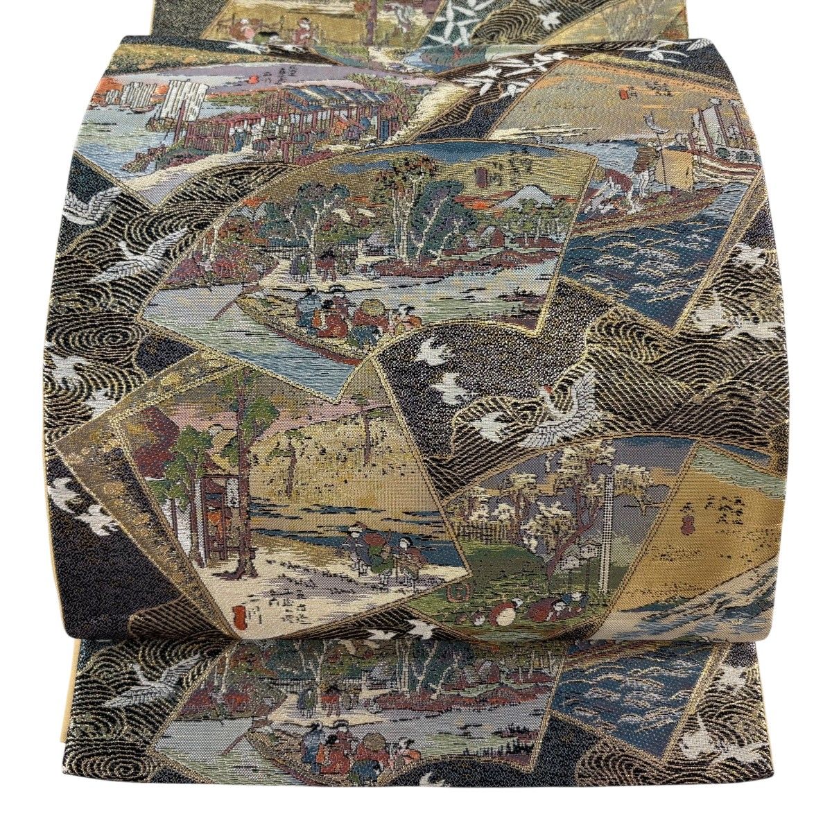 【美品】 袋帯 秀品 扇面 風景 金糸 箔 青紫 全通 正絹 【中古】