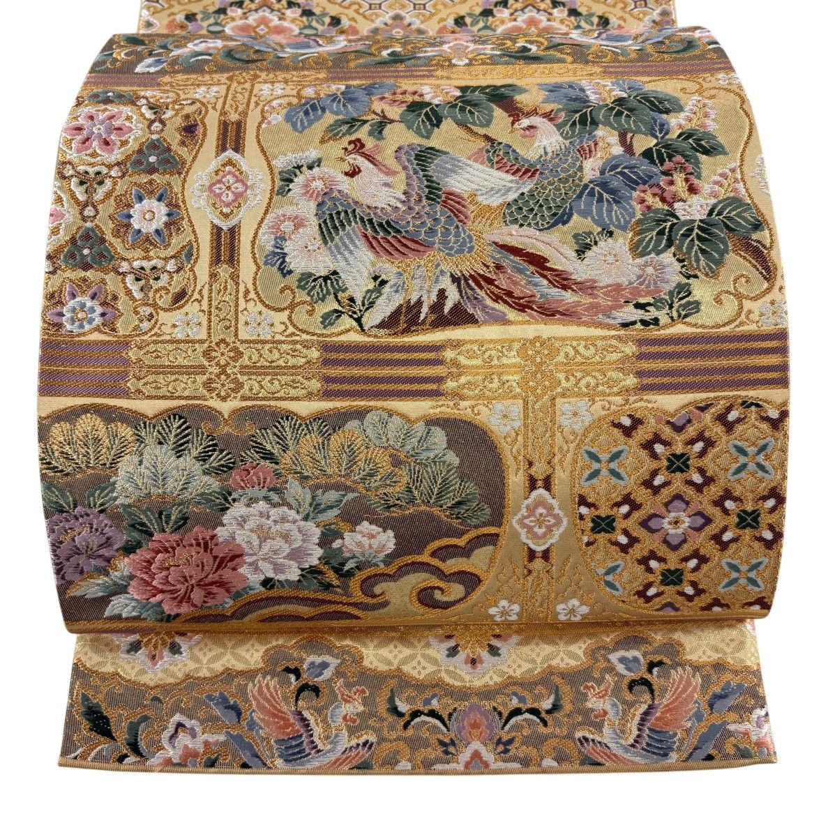 【美品】 袋帯 秀品 花鳥 華文 金糸 金色 六通 正絹 【中古】