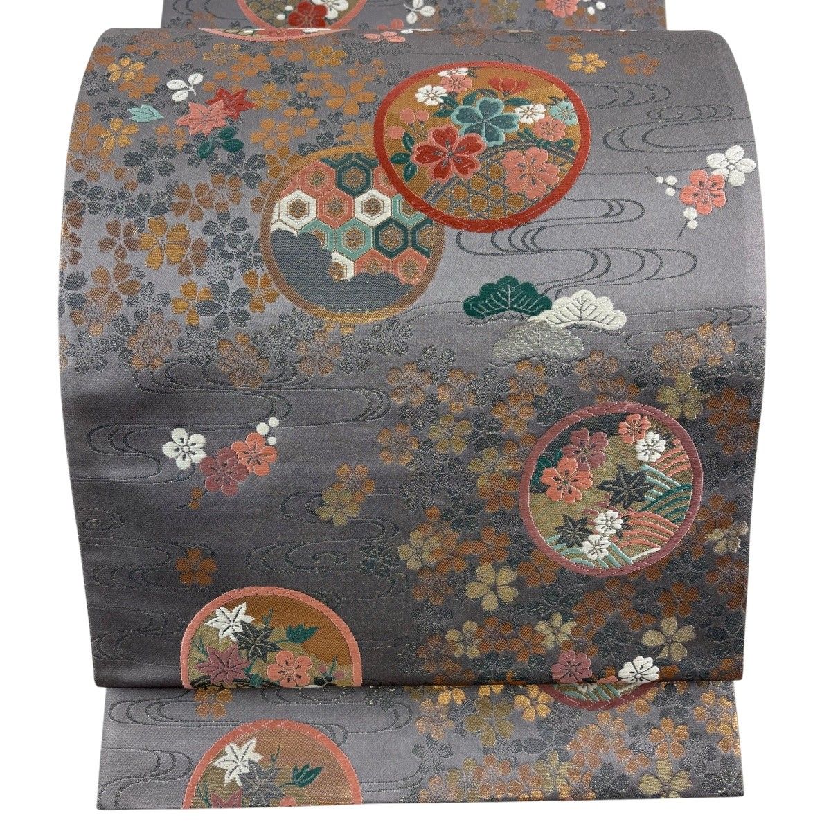 【美品】 袋帯 秀品 四季の譜 桜 梅 金糸 箔 灰紫 六通 正絹 【中古】