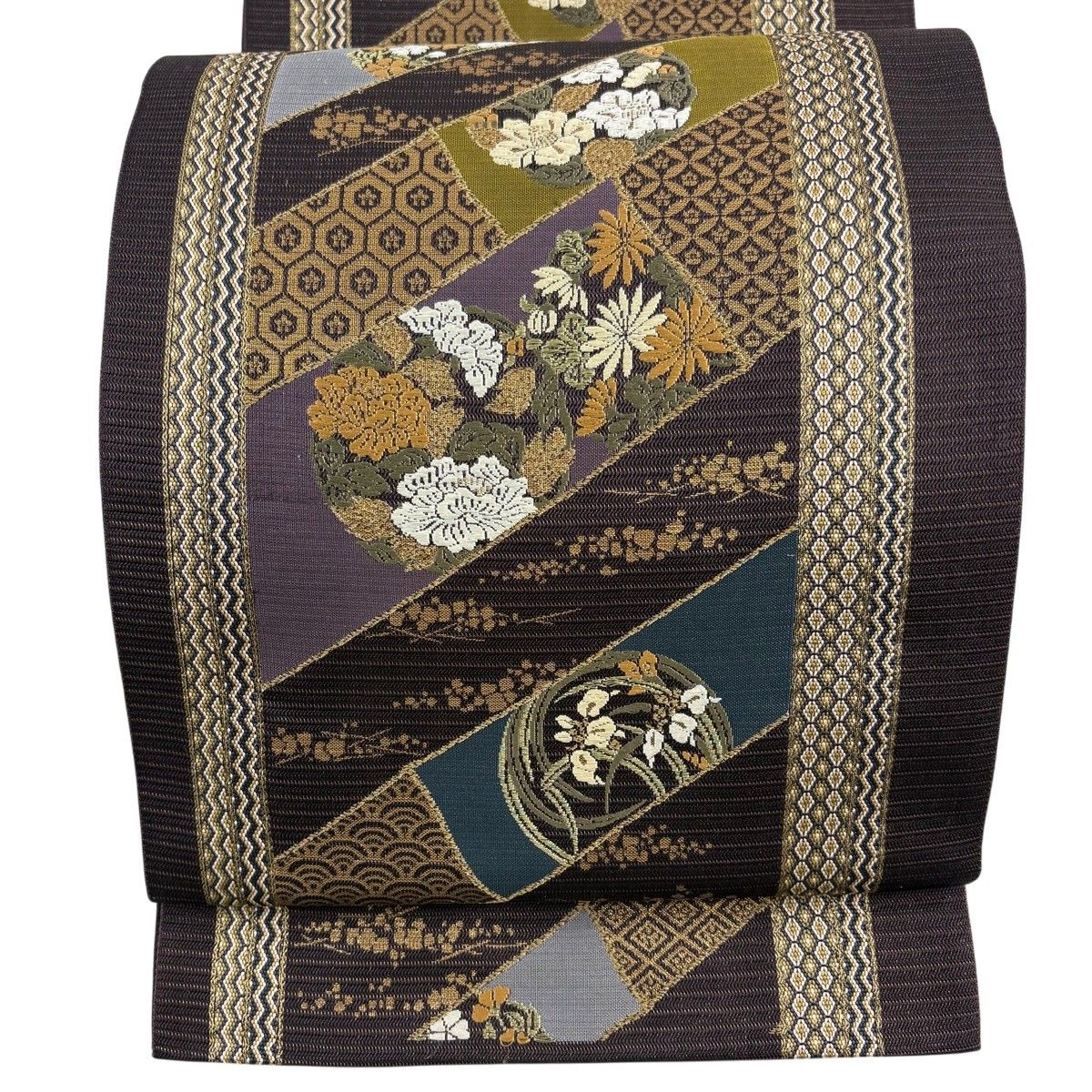 【美品】 袋帯 秀品 花丸文 七宝 金糸 箔 茶紫 六通 正絹 【中古】