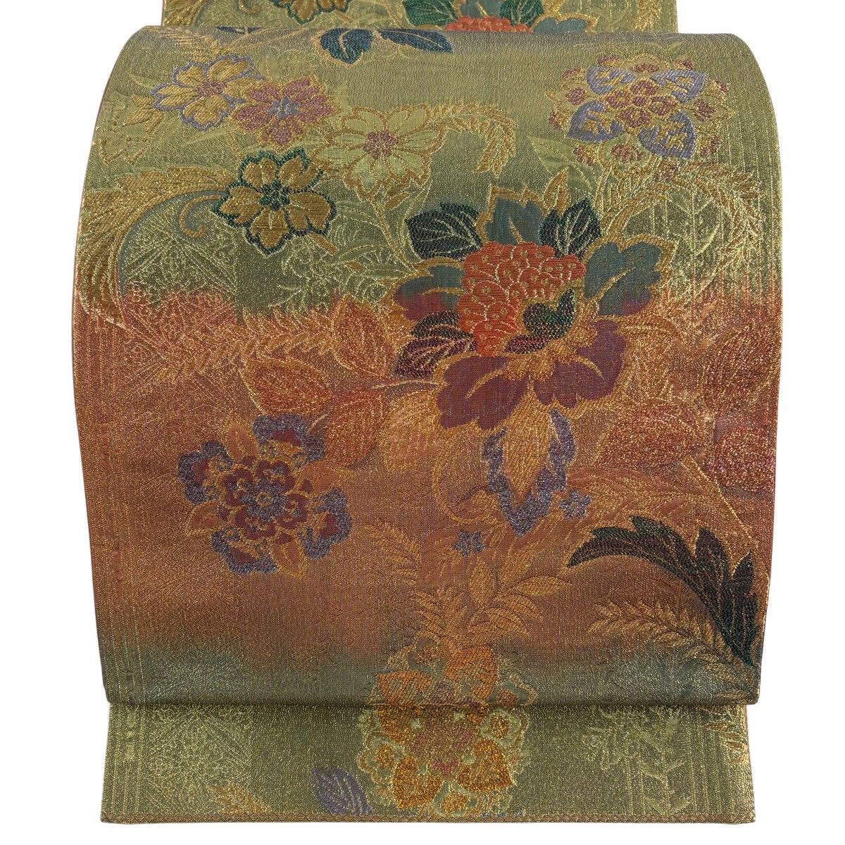 【美品】 袋帯 秀品 草花 金銀糸 箔 鶯色 六通 正絹 【中古】