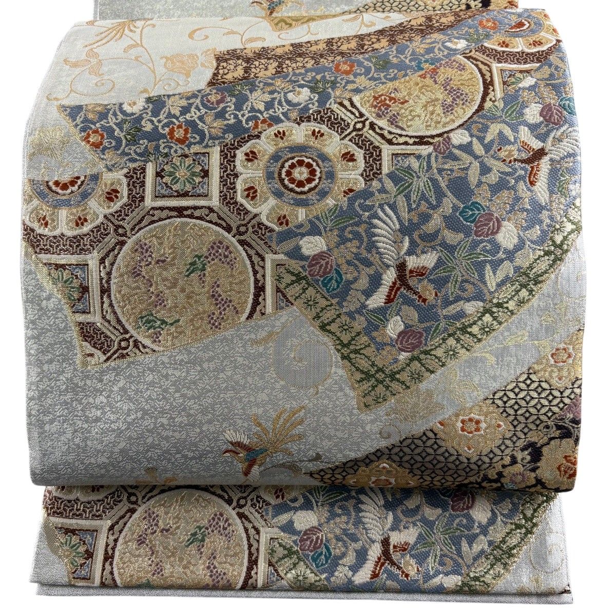 【美品】 袋帯 秀品 桐竹鳳凰 花唐草 金糸 箔 銀色 六通 正絹 【中古】