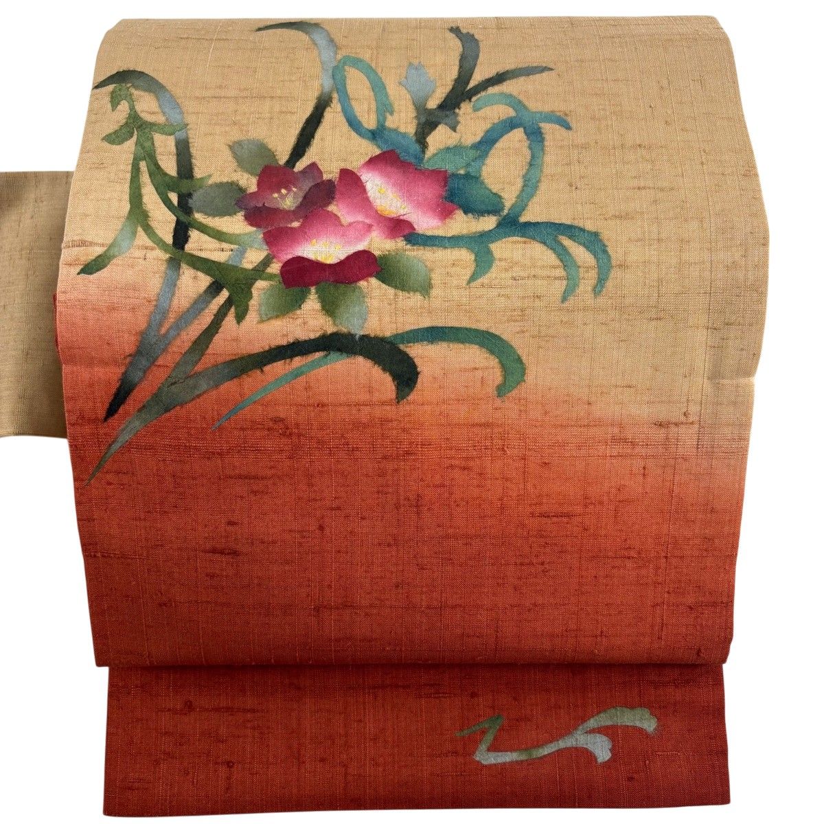 【美品】 名古屋帯 秀品 紬地 草花 薄茶色 正絹 【中古】