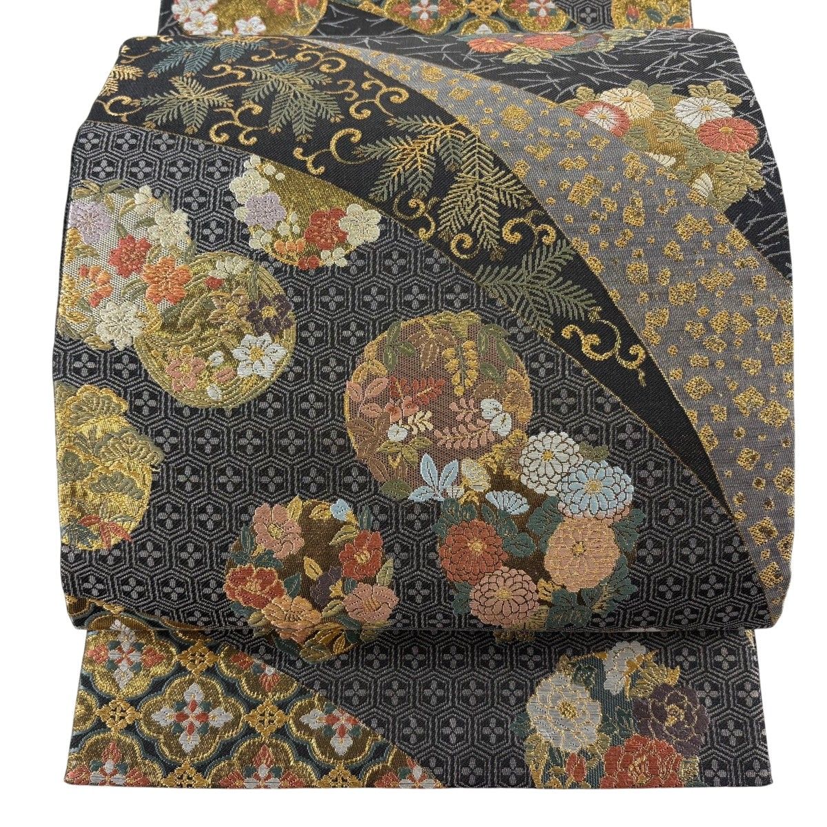 【美品】 袋帯 秀品 花丸文 華文 金糸 箔 黒灰 六通 正絹 【中古】