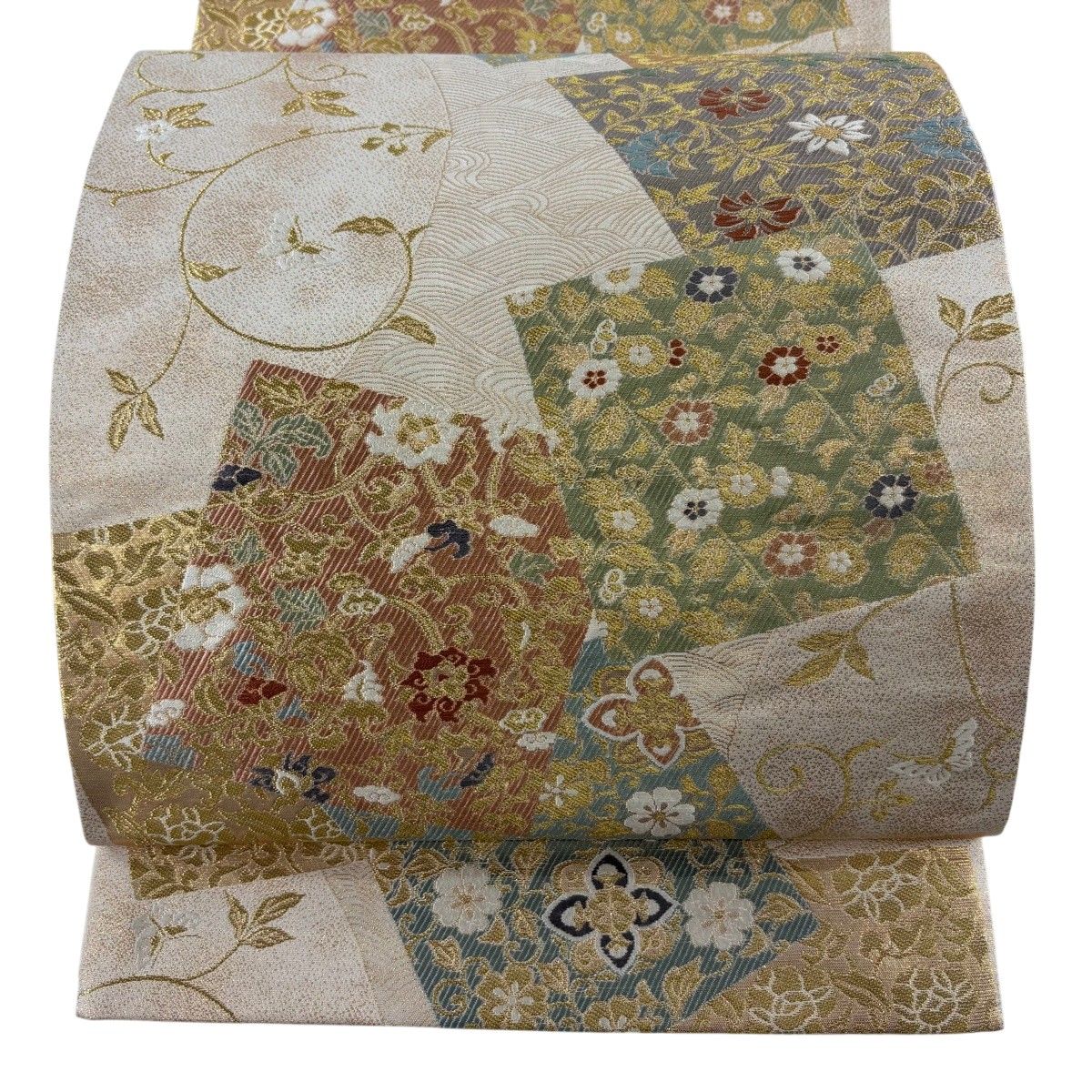 【美品】 袋帯 秀品 織彩吉祥錦 色紙 草花 金糸 箔 ベージュ 六通 正絹 【中古】