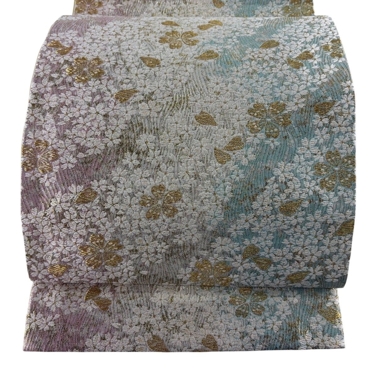 【美品】 袋帯 秀品 桜 金糸 箔 灰緑 六通 正絹 【中古】