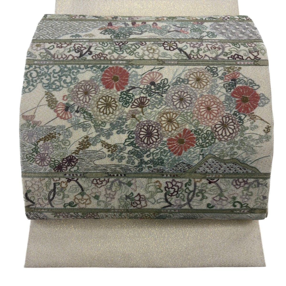 【美品】 袋帯 秀品 菊 松 相良刺繍 箔 ベージュ お太鼓柄 正絹 【中古】