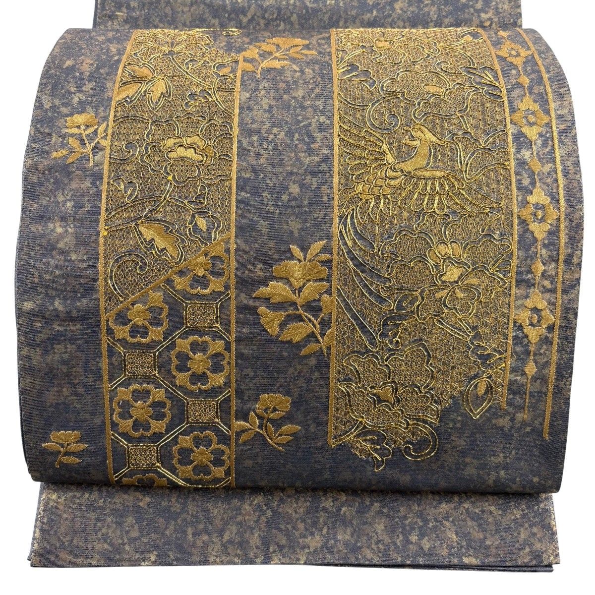 【美品】 袋帯 秀品 花唐草 鳳凰 刺繍 金糸 灰色 お太鼓柄 正絹 【中古】