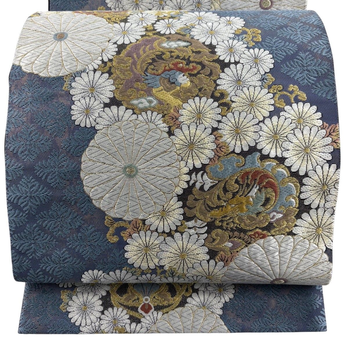 【美品】 袋帯 秀品 四神菊花招福文 金糸 箔 青灰色 六通 正絹 【中古】