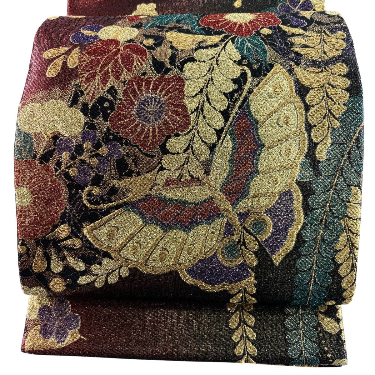 【美品】 袋帯 秀品 振袖向き 草花 蝶 箔 金糸 赤黒 六通 正絹 【中古】