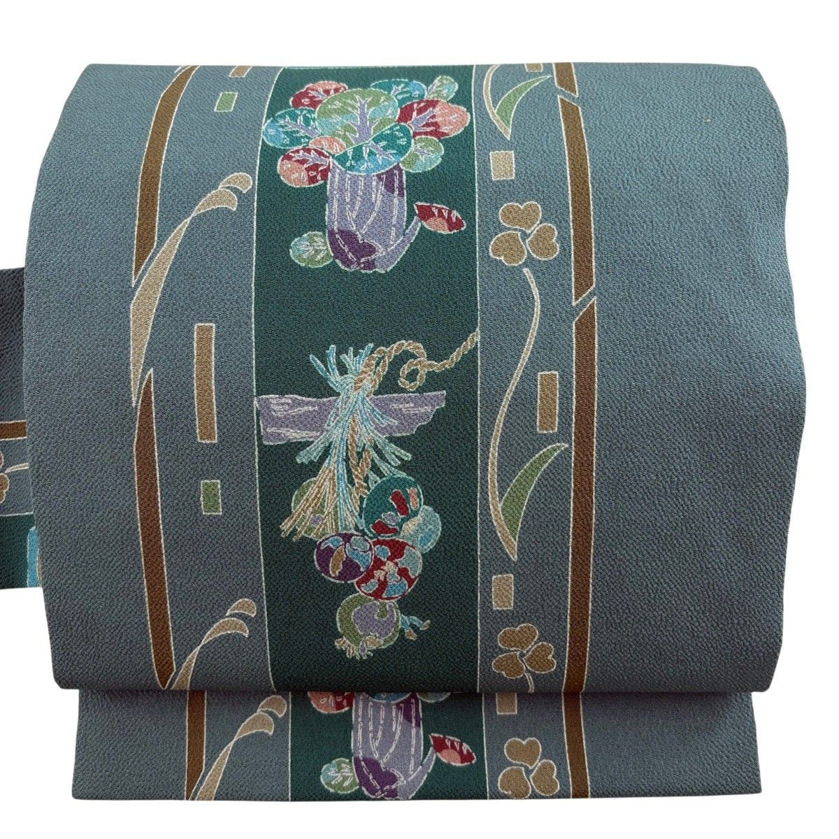 名古屋帯 秀品 生り物 縮緬 灰緑 正絹 【中古】