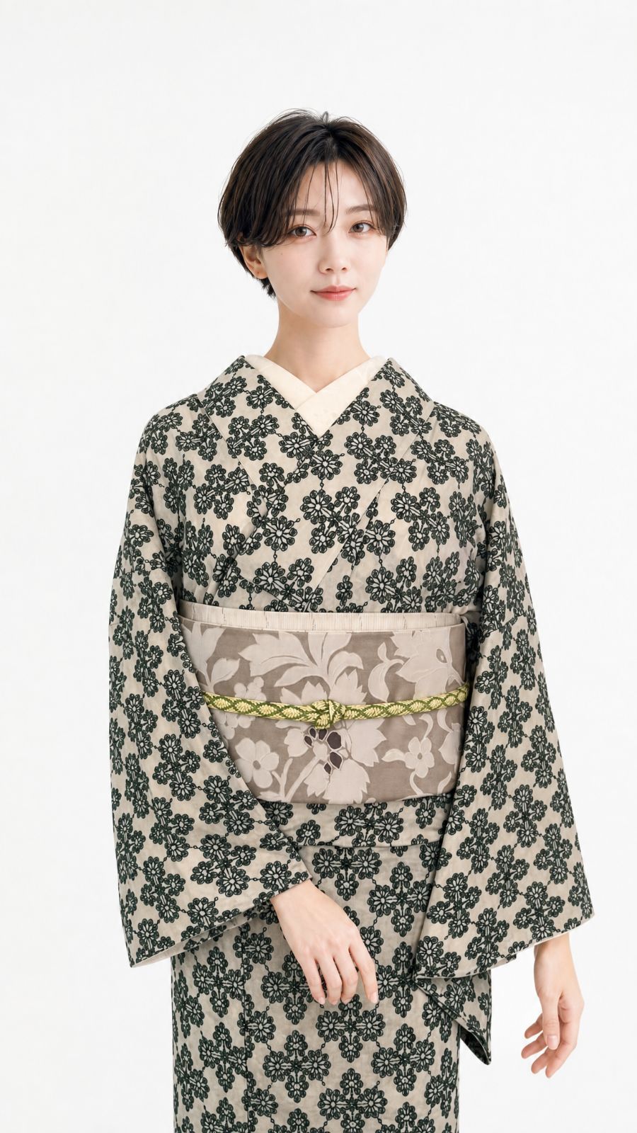 着物 単衣 花菱の刺繍 緑 コットン きもの コットンレース 木綿 グリーン