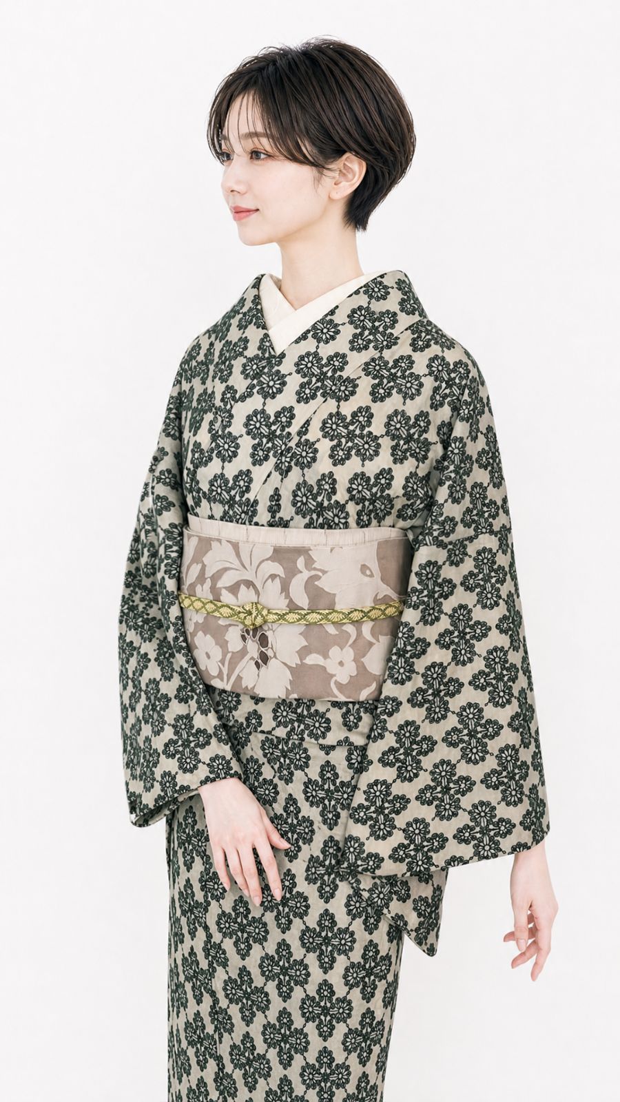 着物 単衣 花菱の刺繍 緑 コットン きもの コットンレース 木綿 グリーン
