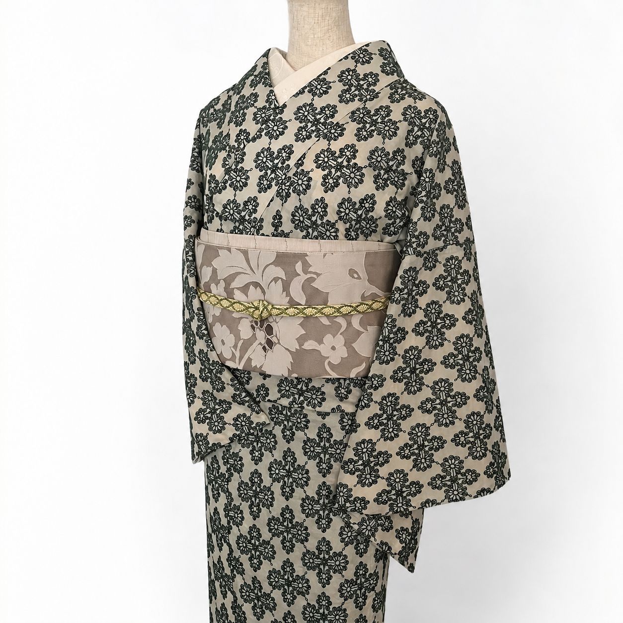 着物 単衣 花菱の刺繍 緑 コットン きもの コットンレース 木綿 グリーン