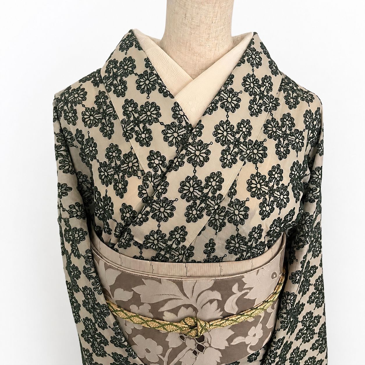 着物 単衣 花菱の刺繍 緑 コットン きもの コットンレース 木綿 グリーン