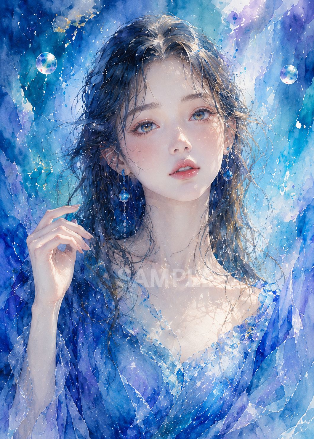 水彩画風 女性アート 2Lサイズ 青の世界 インテリア ポスター 高画質