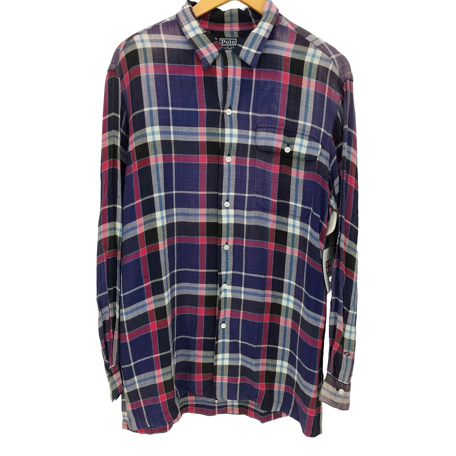ポロバイラルフローレン Polo by RALPH LAUREN 90-00s マドラスチェック ポニー無し シングルポケット L/S オープンカラーシャツ メンズ import：M