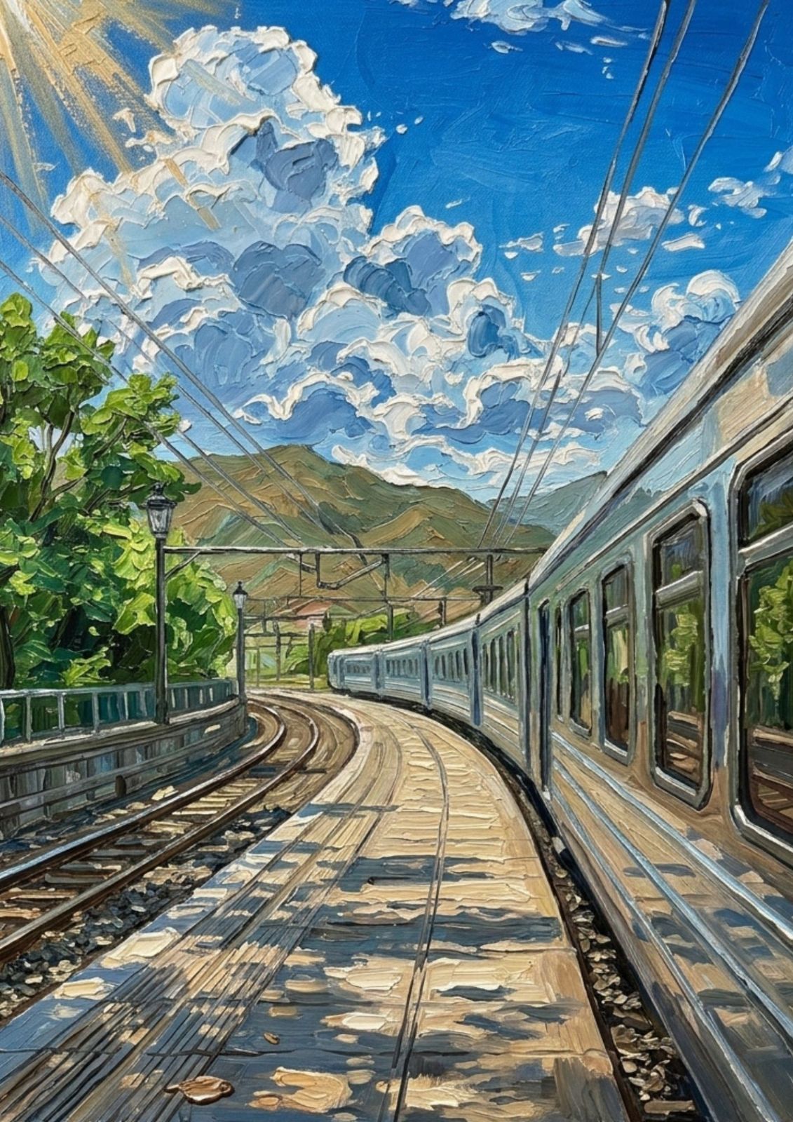 A2サイズ 4677 山沿いを走る列車と青空 旅情あふれる鉄道風景アート