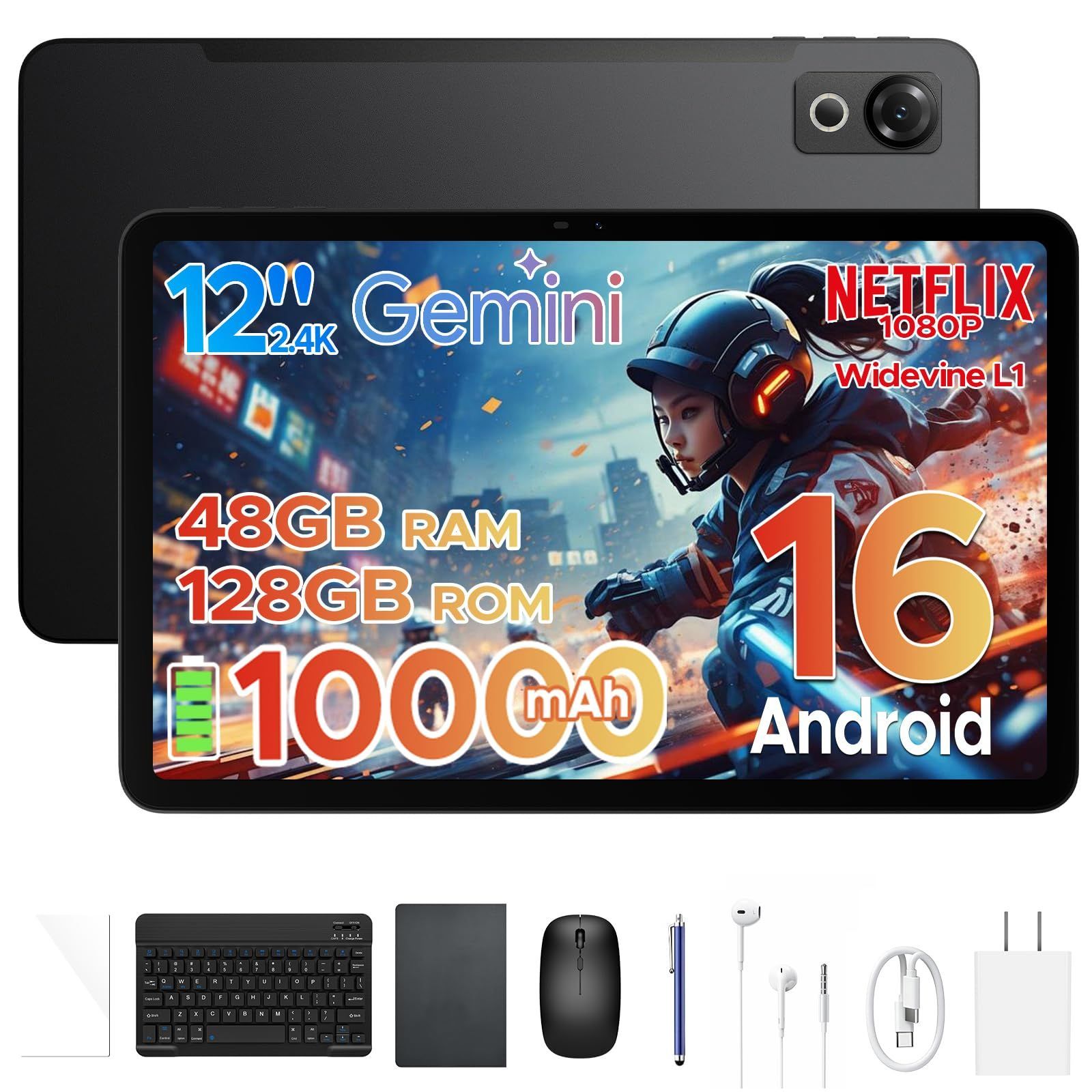 【即日発送】48GB RAM+128GB ROM/最大2TB拡張 アンドロイドタブレッ T7280 8コアCPU搭載 2.4K・120Hz 10000mAh大容量 Widevine L1 P12 顔認証 Gemini AI搭載 ケース・キーボード・フィルム付き
