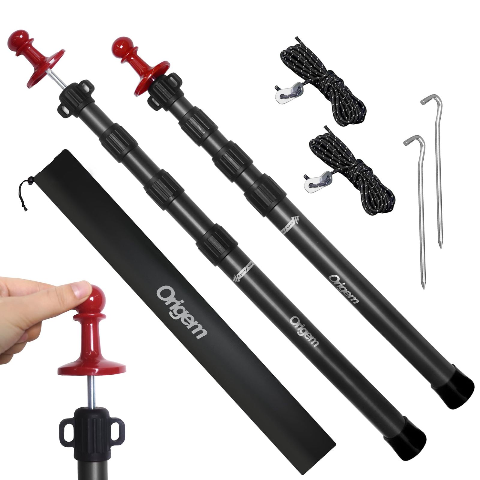 Origem タープポール 伸縮式【強力ロック構造】直径31mm (90?280cm) 無段階調整 6061アルミ合金 耐荷重28kg 強風対応 回すだけ簡単操作 全付属品＋収納バッグ 2本セット キャンプ アウトドア ビーチ 庭先★m 0863a362
