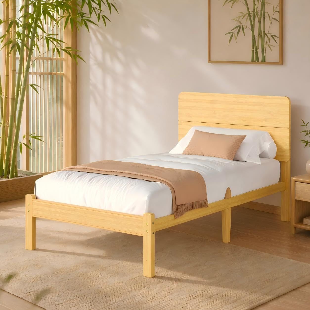 新商品 安定構造 きしみにくい ベッド下収納可能 組立簡単 高さ35.5cm 耐久性アップ 木目調デザイン 通気性 すのこ構造 ヘッドボード付き シングル ベッドフレーム 竹製