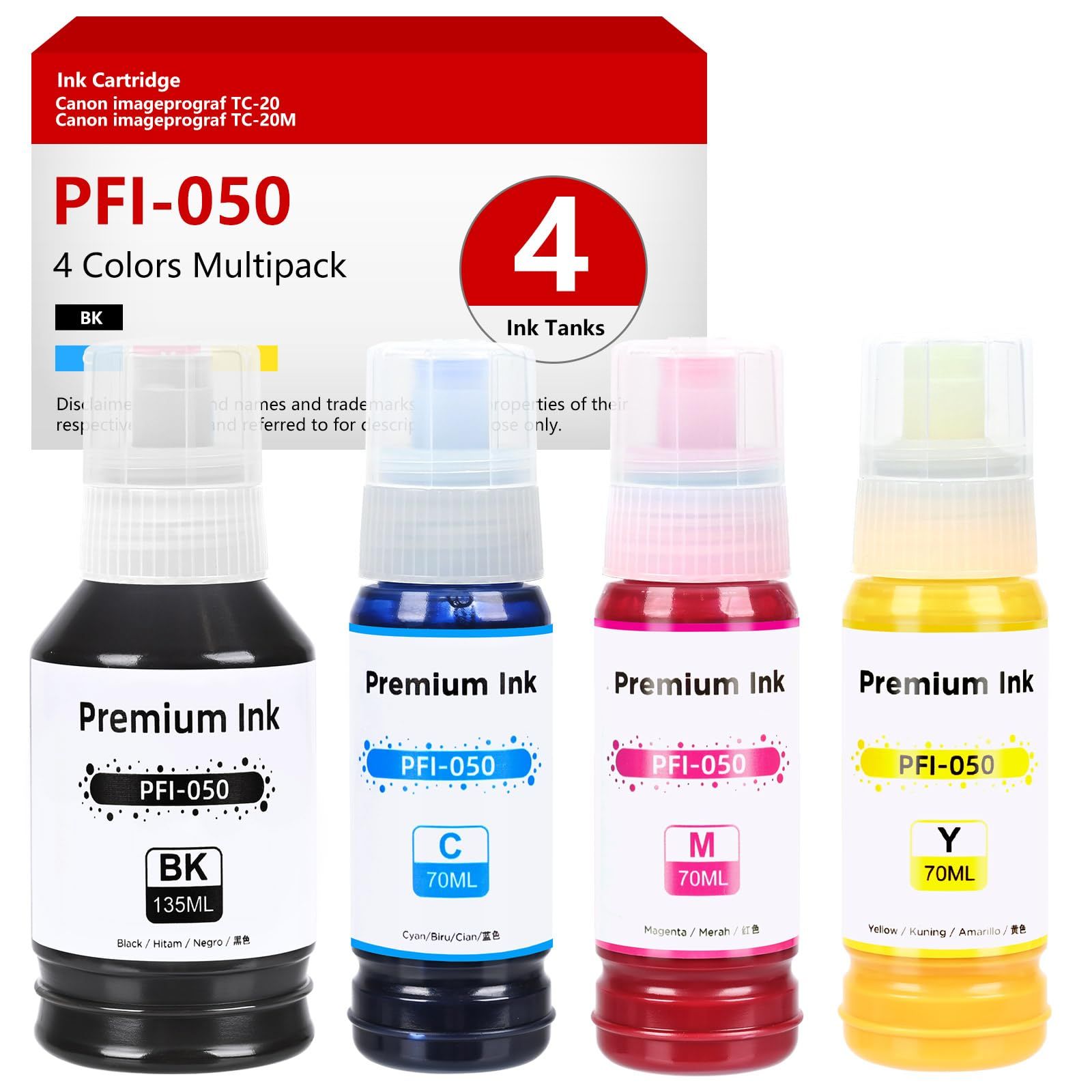 PFI-050 インクボトル Canon imagePROGRAF TC-20、TC-20M 大判プリンター交換用 PFI-050BK PFI-050C PFI-050M PFI-050Y用 (4個 ブラック シアン マゼンタ イエロー) [PFI-050]