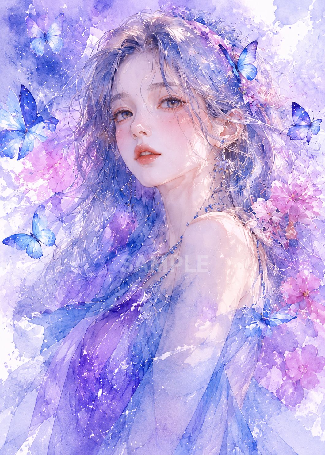 水彩画風 女性アート 蝶 花 2Lサイズ インテリア ポスター 高画質