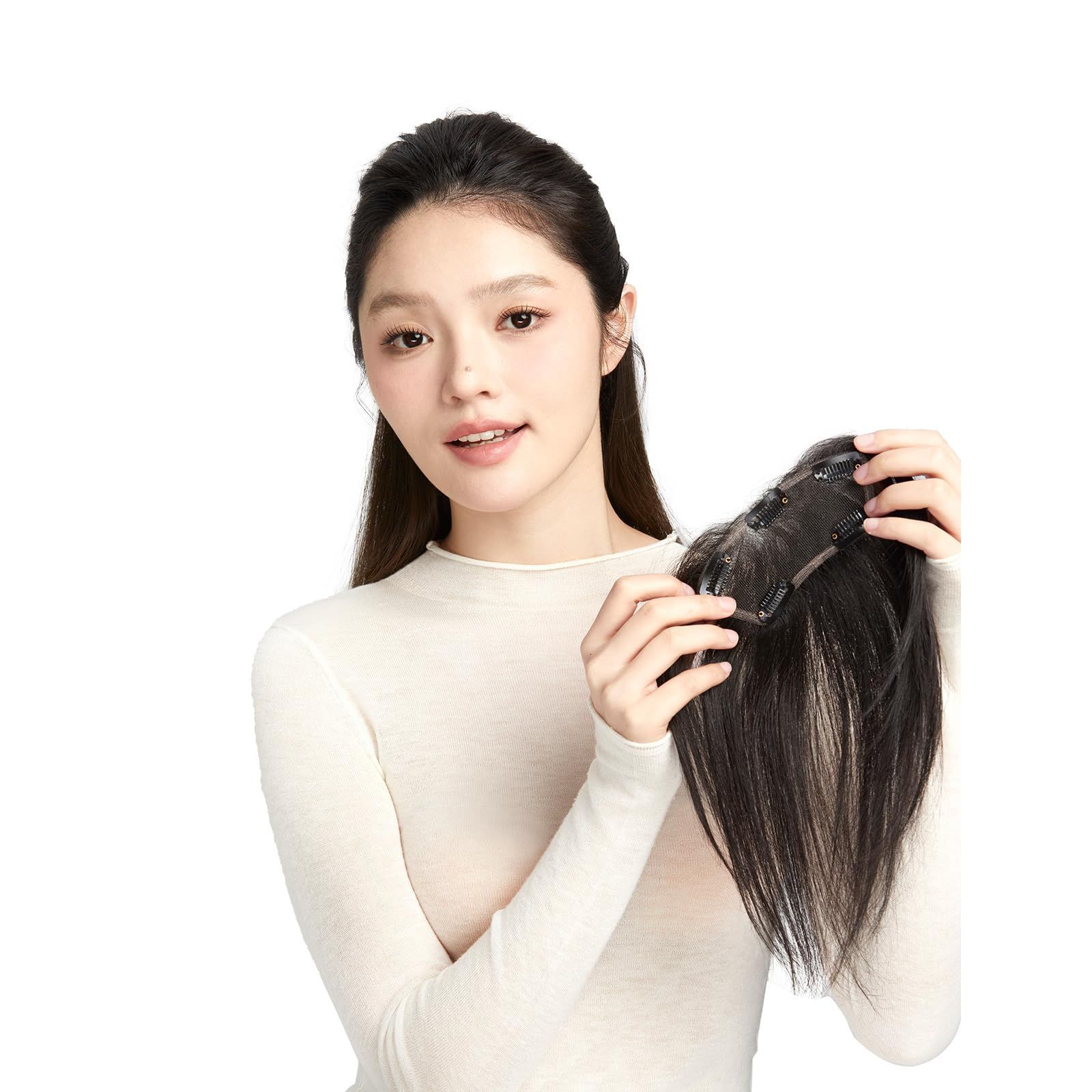 【特価】(1B/ナチュラルブラック) 100%人毛前髪ウィッグ、ヘアエクステンション、自然なツヤ、超薄型、トップ付き部分ウィッグ、顔の形を整え、白髪をカバー、ボリュームアップ、医療グレード抗菌処理済み、普段使いに最適、装着簡単 youth Rebecca