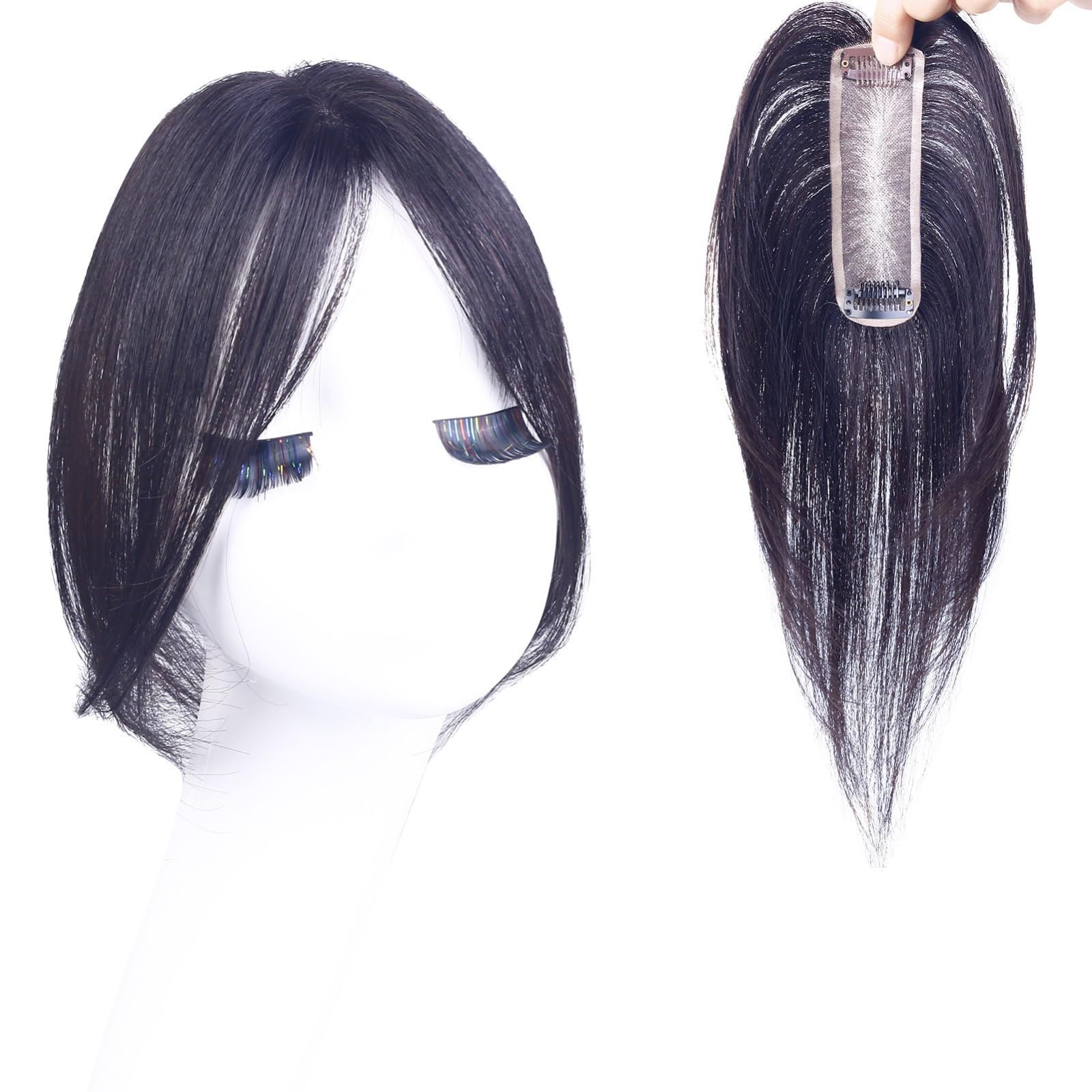 【特価商品】頭頂部 超軽量 ショート ヘアピース 女性用 自然 ポイントウィッグ ミニウィッグ リアルスキン 通気性 縦長型 白髪隠し 簡単装着 人毛100% ナチュラル トップカバー 分け目専用 二つの前髪 横4cm縦13m 部分ウィッグ (自然色 25cm