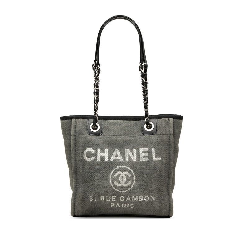シャネル ドーヴィルPM チェーン トートバッグ ショルダーバッグ グレー ブラック キャンバス レザー レディース CHANEL【230-78338】