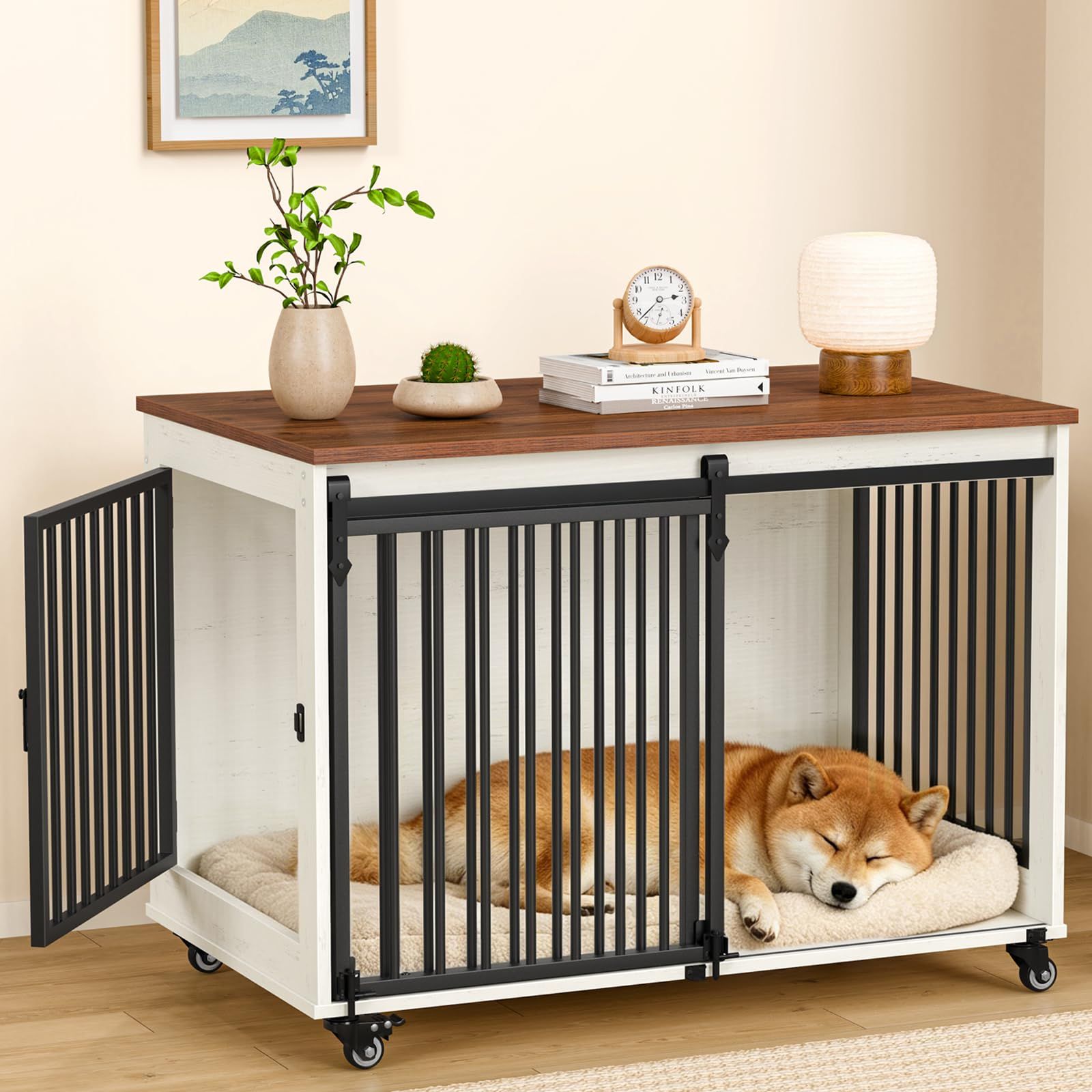 Snughome 犬用ケージ ペットケージ 家具調 木製 木目調 ドッグケージ 小型犬・中型犬対応 ペットサークル 屋根付き キャスター付き スライドドア 両面開き 室内用 ペットハウス おしゃれ 頑丈 脱走防止 掃除簡単