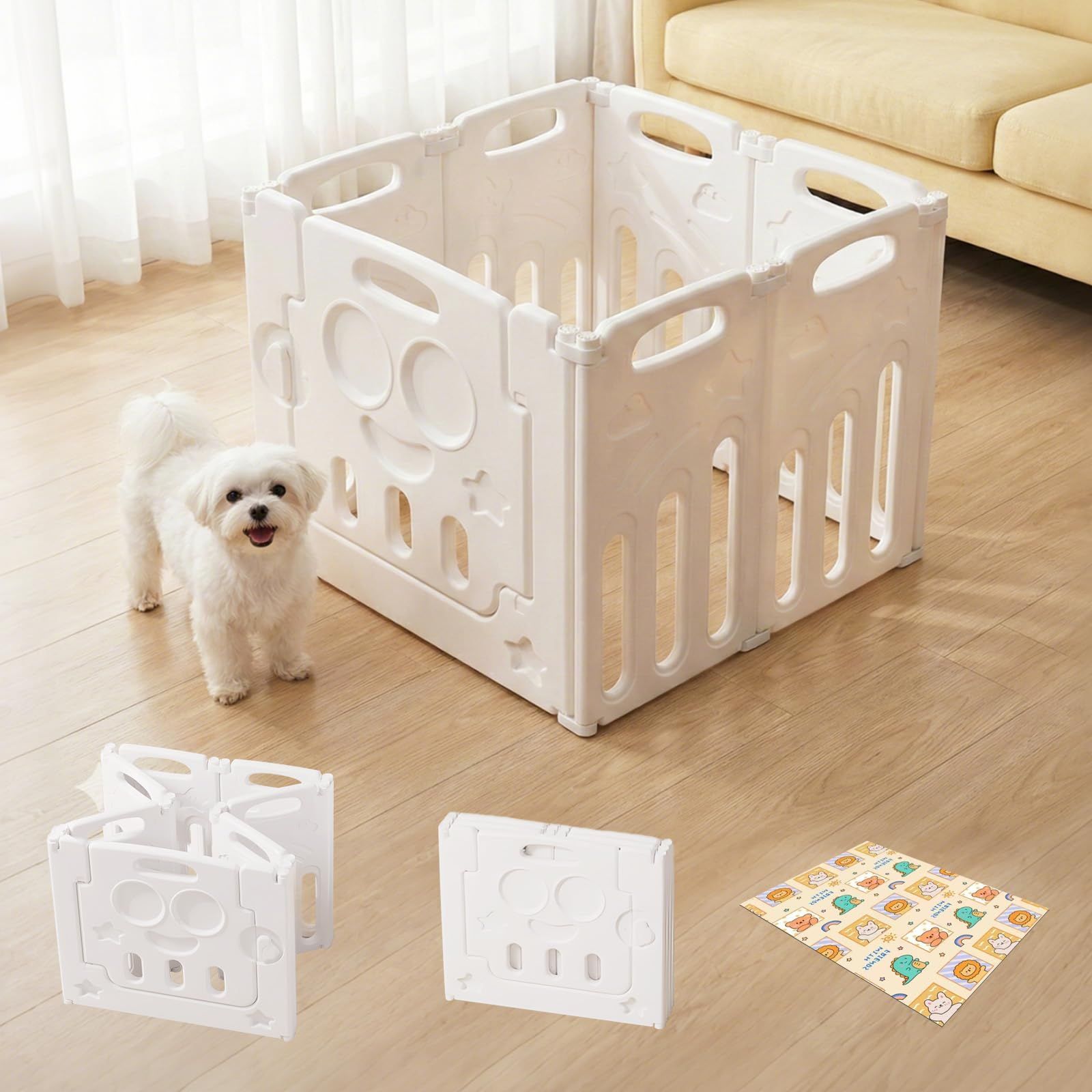 Essgudo ペットフェンス サークル 組立不要 マット付き 犬用フェンス ドア付き 室内用 折りたたみ式 ドッグゲート 吸盤付き 自由に組み立て可能 脱走防止 中小型犬用 高さ64㎝ 組み立て簡単