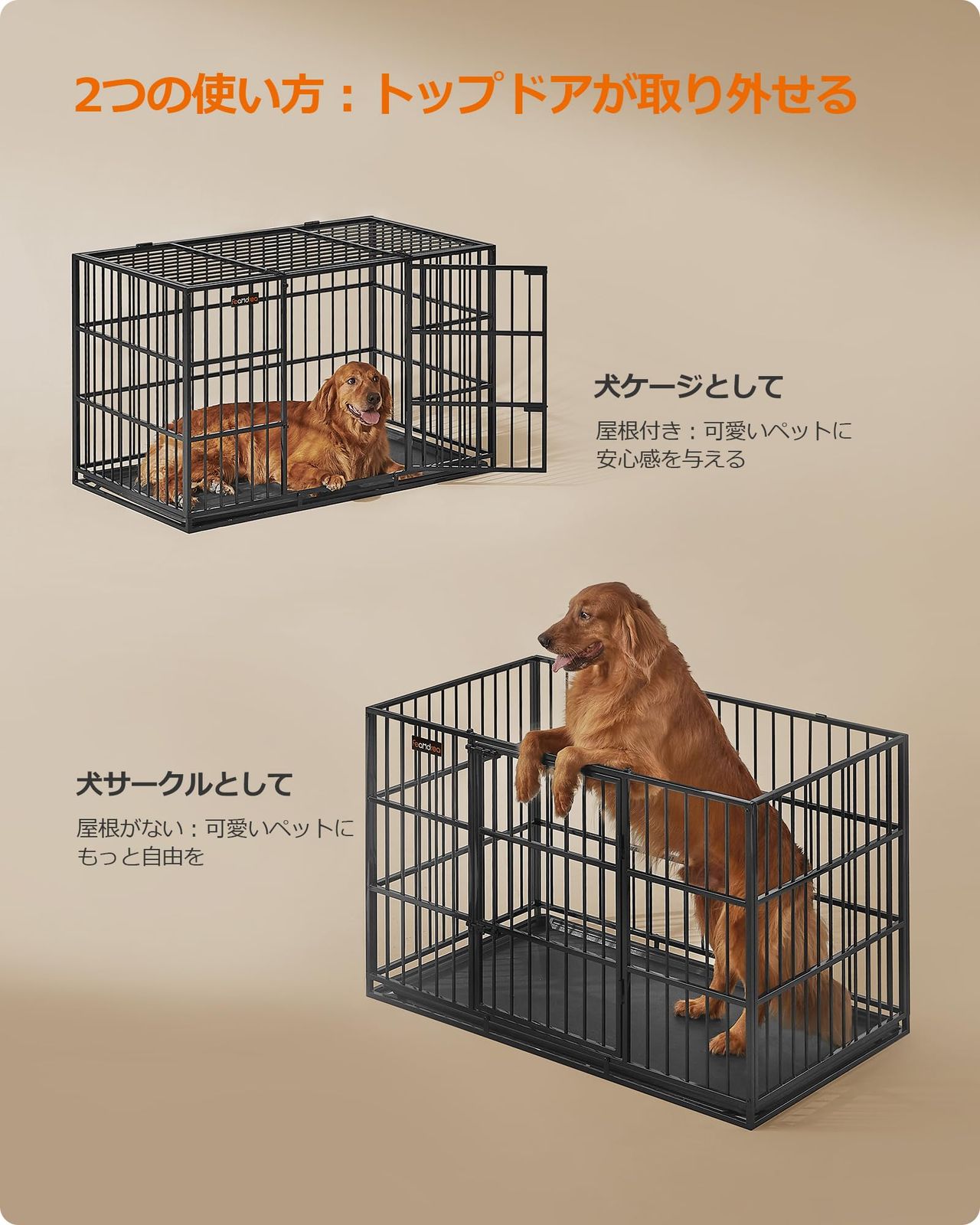 FEANDREA 大型犬 ペットケージ ダブルドア トレー付き 室内外兼用 FEANDREA 犬 ケージ 大型犬用 ダブルドア付き トレー付き ペット