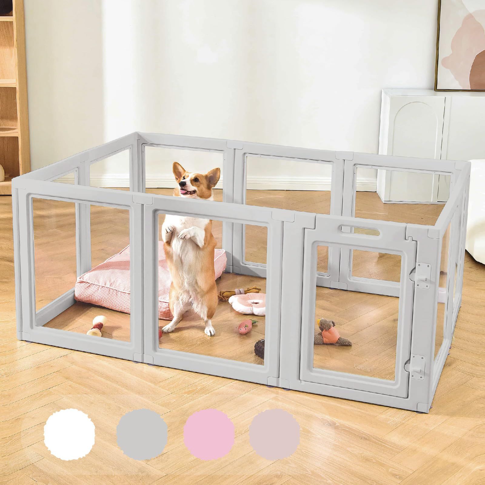 HAKOPE 【圧迫感のないクリアサークル】 ペットサークル 犬 サークル 室内 透明 ドア付き 滑り止め 犬 ケージ ゲージ クリア 透明 丈夫 傷つきにくい 工具不要 組立て簡単 おしゃれ ウサギ サークル クリアサークル 形を自由変更出来る (6面パネル