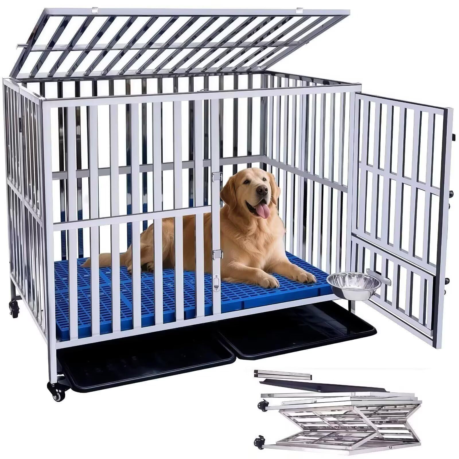 TUIYIDUO ペットケージ ステンレス鋼 犬のケージ 大型 犬 フェンス 犬用ゲージ 125×95×111cm 大型犬 ゲージ 折りたたみ可能