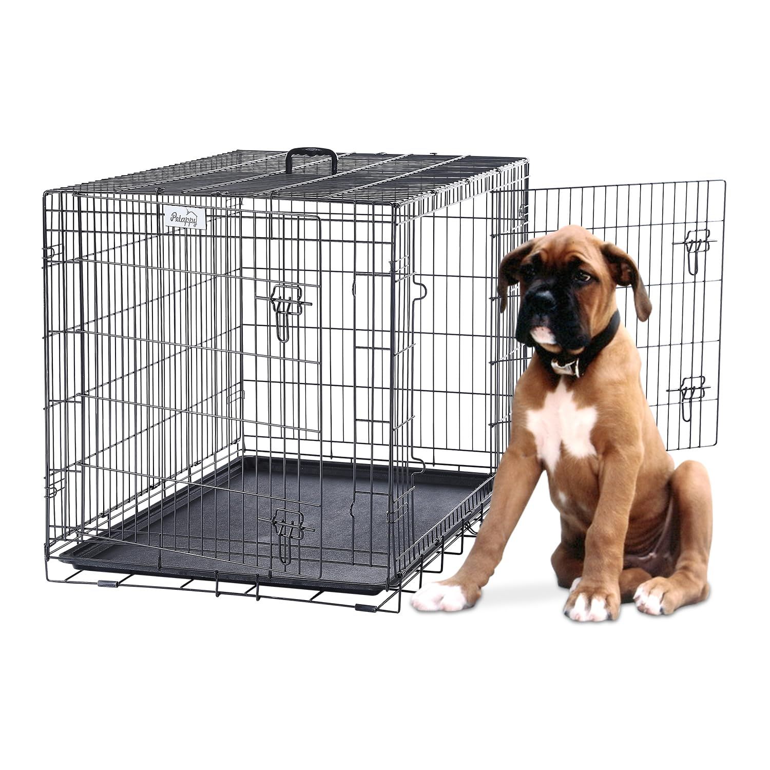 PETAPPY ペットケージ 犬 ケージ 幅107x奥行71.5x高さ77.5cm 中型犬 大型犬 折り畳み ケージ ダブルドア トレー付き 組立簡単 持ち手付き 室内外兼用
