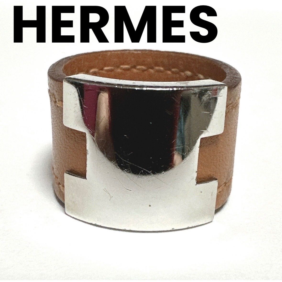 エルメス　HERMES　指輪　リング　ルーリーリング　Hロゴ　レザー　メタル　ブラウン　シルバー　20号