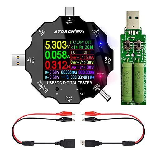 USB Cテスター、3 in1タイプCDC5.5 USBテスターカラースクリーンIPSデジタルマルチメーター、電圧、電流、電力、Bluetooth、抵抗、静電容量検出器、クリップケーブル付きサポートPD2.0 / PD3.0、QC2.0 / QC3 .0 Ju