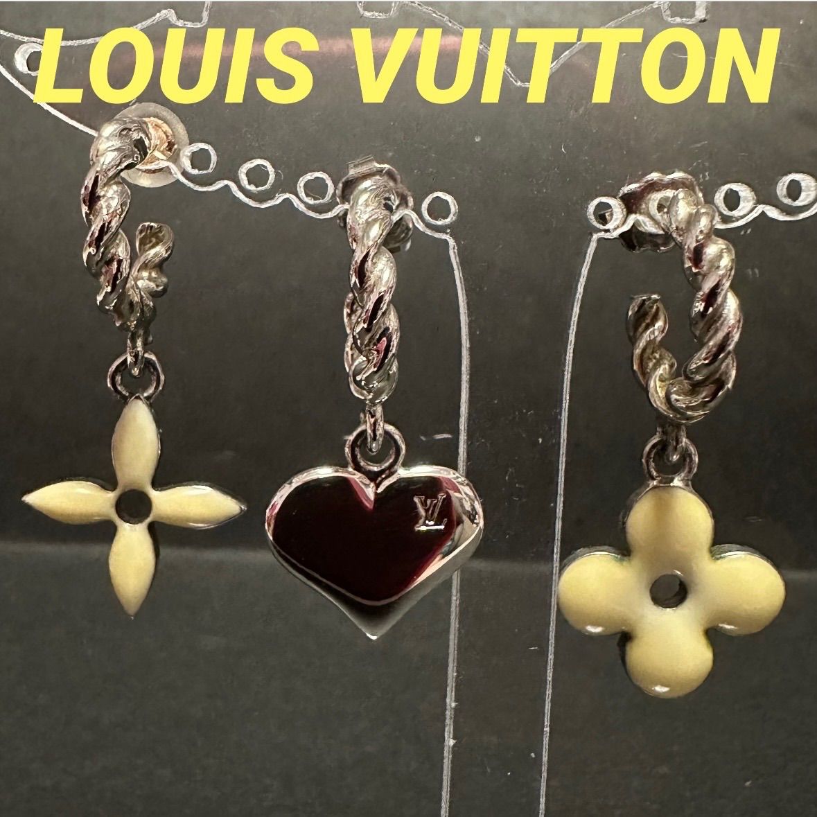 ルイヴィトン　LOUIS VUITTON　ピアス　ブークルドレイユ　スウィート　モノグラム　フラワー　四葉　ハート　M65471　メタル　シルバー　ホワイト