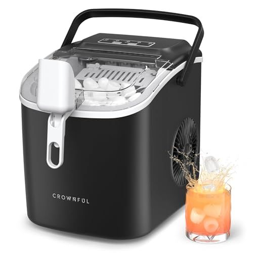 CROWNFUL 製氷機 家庭用 【高速製氷 自動洗浄機能 】 ハンドル付き氷バスケット 取り扱い簡単 2種類氷サイズ 大容量水タンク 透明窓 小型 氷つくり機 静音 自動停止 水不足提示 ポータブル アイスメーカー コンパクト 製氷器 日本 757f3c1f