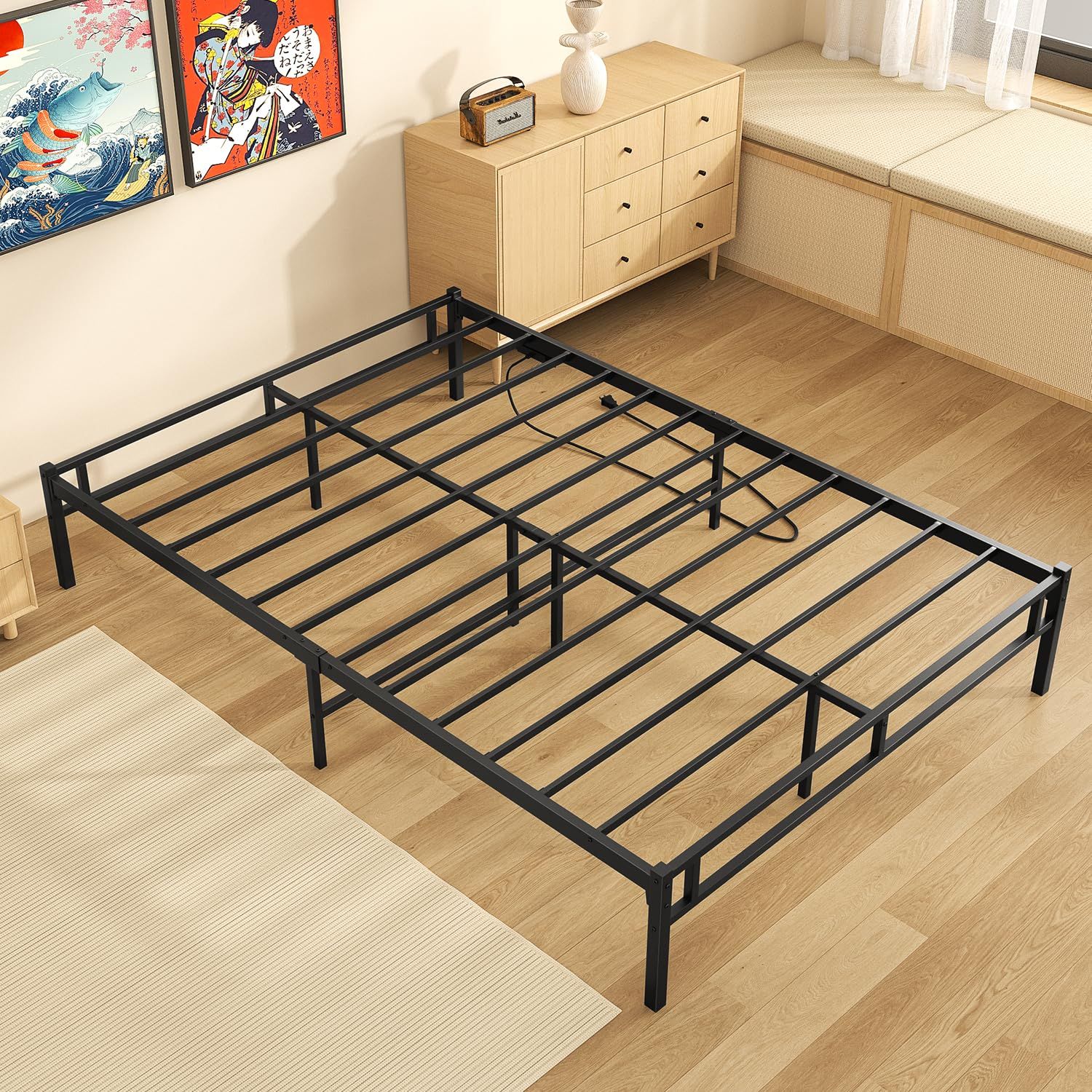特価 耐荷重約400Kg ハイタイプ スチールベッドフレーム 組み立て簡単 ブラック 工具付き ベッド下収納 静音性 ギシギシしない パイプベッド ダブルベッド メタル すのこベッド LEDライト付きコンセント ダブル ベッドフレーム PRTONE